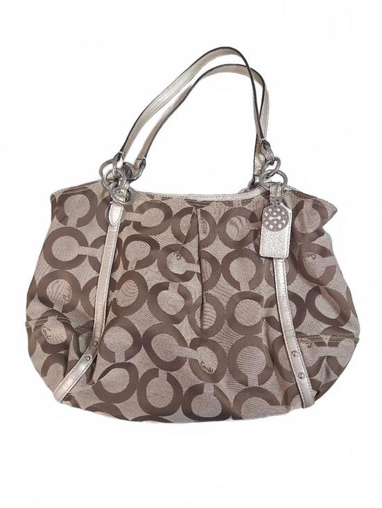 Coach Handbags - Coach Signature Jacquard Canvas Shoulder Bag Beige Brown Leather Hobo Purse
